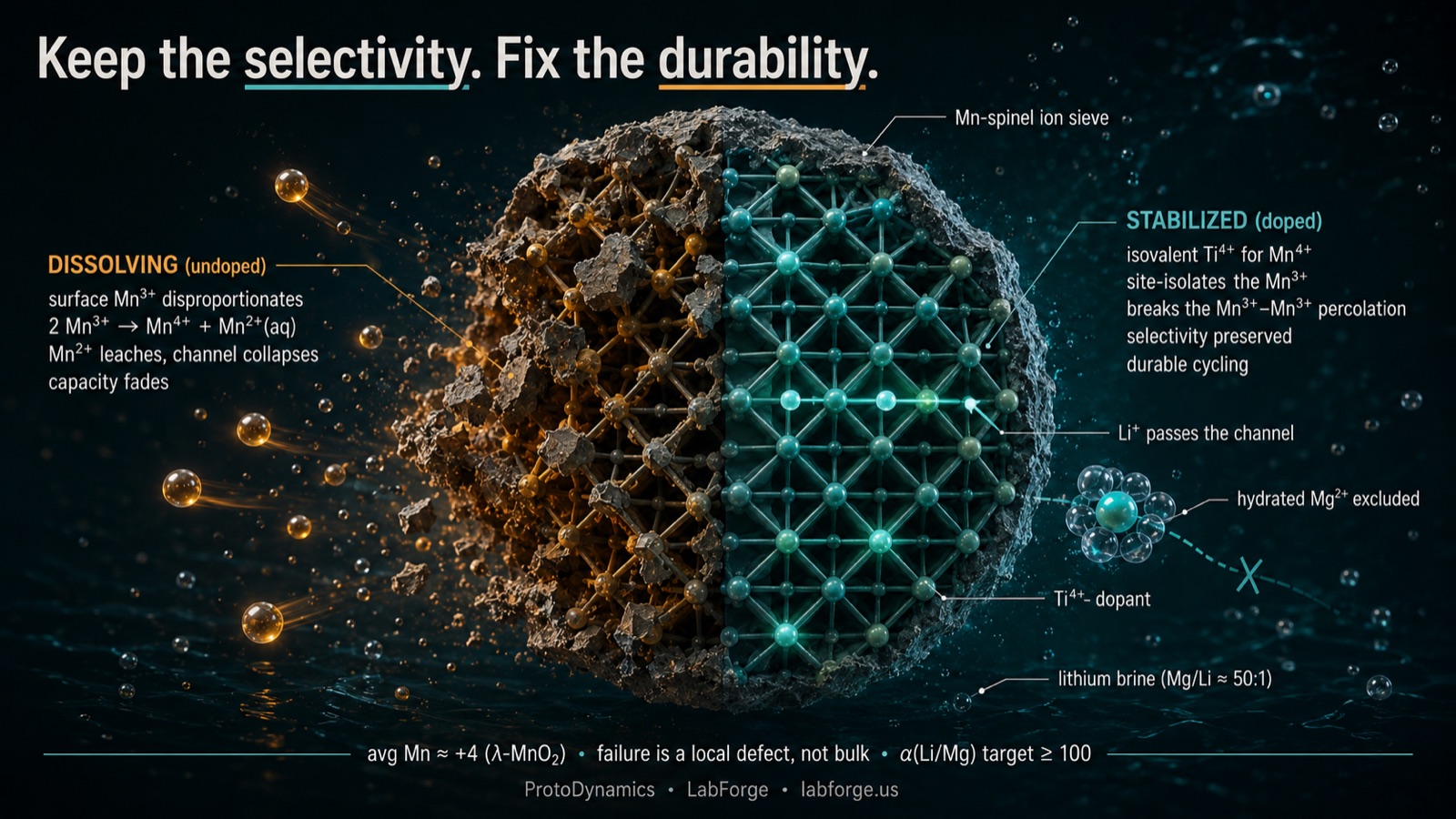 lambda-MnO2 ion sieve — dissolving undoped vs Ti-stabilized